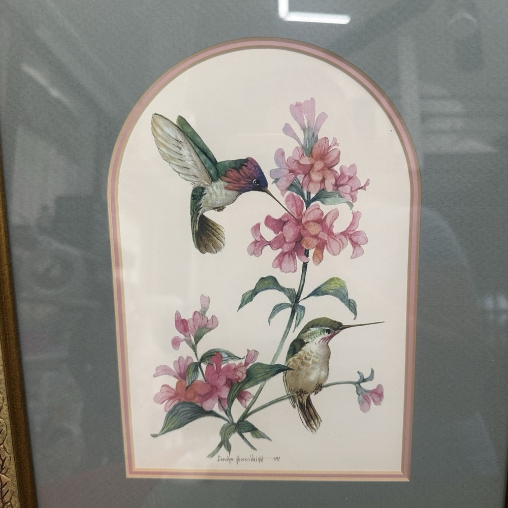 Lot Of 2 Framed Hummingbird & Pink Flowers Art Print Gold Frames Still‎ Life - Picture 2 of 16